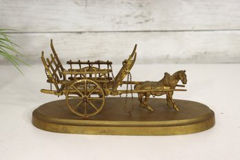 Vintage Brass Horse And Wagon Sculpture  Detailed Carriage On Base  5'H X 12'W