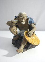 Vintage 11' Ceramic Figurine With Internal Stamp - Crouching Elder With Hat And Cup