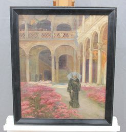 Signed Oil On Board Courtyard Scene With Figure, Framed
