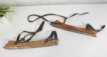 Vintage L. NORMA Den Ham Wooden Ice Skates W/ Leather Straps 13' Pair Holland