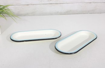 Vintage Enamelware Tray Set White Blue Rim Black Edge 9' Oblong Dishes