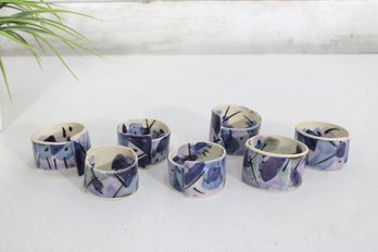 Set Of 8 Hand-Painted Ceramic Napkin Rings  Purple Abstract Design