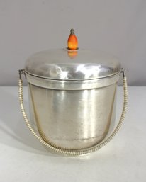 Vintage Silver-Plated Ice Bucket With Amber Bakelite Knob & Tongs