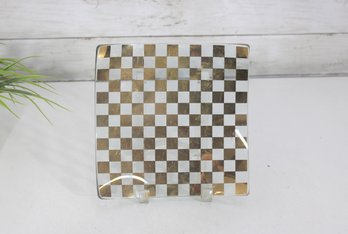 Mid-Century Style 8 X 8 Curved Glass Plate  Gold & Silver Checkerboard Design