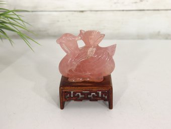 Vintage Rose Quartz Carved Duck Figurine With Lotus  On Wood Stand  5H