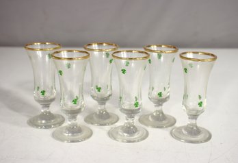 Set Of 6 Vintage Shamrock Cordial Glasses  Gold Rim  3.75H