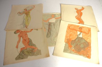 Collection Of Vintage Figurative Watercolor Paintings By Signed Artist