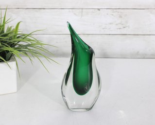 Vintage Murano Style Art Glass Vase  Green & Clear Sommerso  8' High
