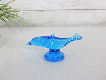 Hand Blown Signed Blue Art Glass Dolphin On Pedestal  Dated  3' High