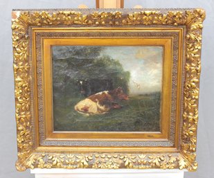 Signed Antique Oil On Canvas Pastoral Cattle Scene In Ornate Gilt Frame, 19thEarly 20th C.