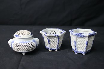 Two (2) Japanese Porcelain Reticulated  Small Jardiniere And Incense Burner