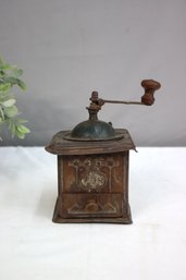 Vintage Small Pressed Metal Coffee Grinder With Wooden Handle And Grounds Drawer