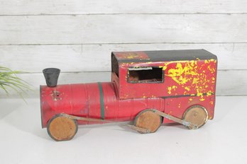 Vintage Choo Choo Toy Train Locomotive Tin & Wood Folk Art Style 16' Long