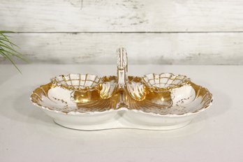 Vintage Gold Gilded Double Shell Porcelain Dish  Handled Centerpiece  12W X 9