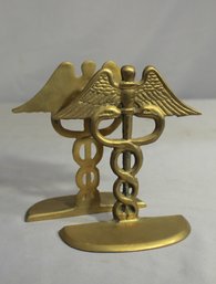 Vintage Brass Medical Symbol Bookends Two Snakes On Pole 6' Tall