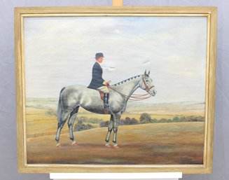 Signed Oil On Canvas Equestrian Portrait Of Gentleman Rider On Gray Horse, 20th Century