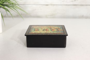 Vintage Russian Hand-Painted Lacquer Box  Winter Village Scene  1.5 X 5 X 4