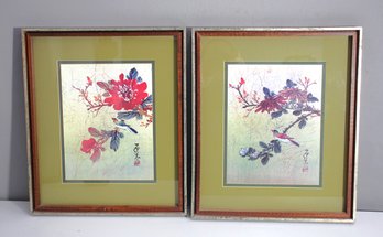 Pair Of Asian-Inspired Bird And Floral Framed Prints