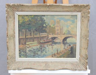 Signed Oil On Canvas Paris River Scene With Cathedral And Bridge, Impressionist Style