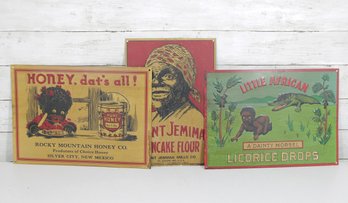 Lot Of 3 Vintage Advertising Tin Signs Aunt Jemima, Rocky Mountain Honey & Licorice Drops