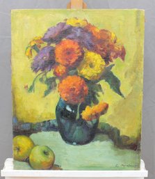 Signed Oil On Canvas Floral Still Life With Vase And Fruit, Modern Impressionist Style