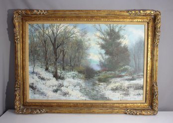 Signed Winter Landscape Oil Painting In Ornate Gilded Frame