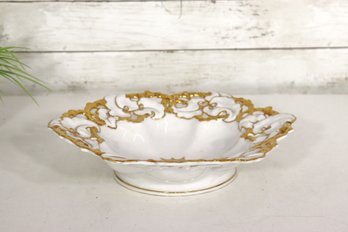 Antique 12 Reticulated Porcelain Bowl W/ Heavy Gold Gilding  Ornate Raised Scrollwork