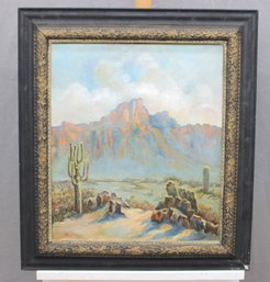 Signed Oil On Canvas Southwestern Desert Landscape With Cacti And Mesa, Framed