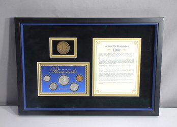 Framed 1941 'A Year To Remember' Coin & Memorabilia Set  12'x 17.5' (Glass Needs Replacement)