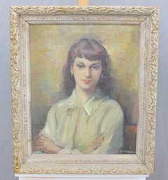 Signed Oil On Canvas Portrait Of Young Woman, Mid-20th Century, Framed