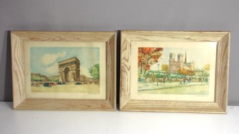 Pair Of Framed Charles Houtin Parisian Prints  Arc De Triomphe & Notre Dame  13'x 17'