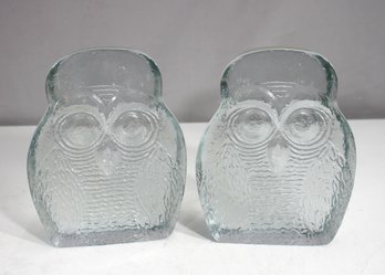 Vintage Clear Glass Owl Bookends  7 Tall Heavy Glass Pair