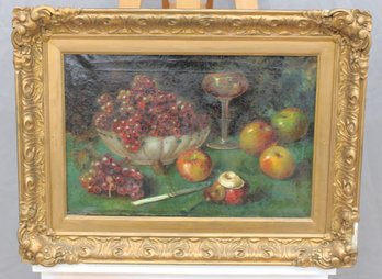 Signed Oil On Canvas Still Life With Grapes, Apples, And Glass, In Ornate Gilt Frame