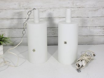 Pair Of Vintage 15 White Hanging Pendant Lights  Modern Minimalist Cylinder Lamps