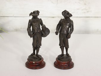 Pair Of Antique 7 Bronze Style Figurines On Wood Bases  Colonial / Military Drummer & Gentleman