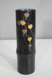Vintage Black Lacquer Bamboo-Style Vase With Gold Vine Design  10 Tall