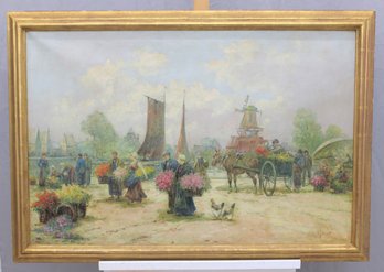 Signed Oil On Canvas European Flower Market Scene With Windmill And Figures, Large Scale