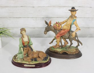 Pair Vintage Capodimonte Style Figurines  The Mirella Collection  Woman W/ Horse & Man On Donkey  7.5' & 12