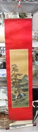 Vintage Asian Painted Hanging Scroll Wall Art  Landscape W/ Figures  35 X 7.5