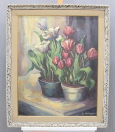 Signed Oil On Artist Board Floral Still Life With Tulips, Large Framed Composition