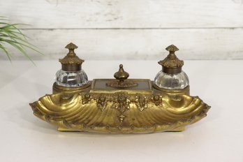 Antique Brass Double Inkwell Desk Set W/ Glass Inserts & Storage Compartment  5' X 11' X 8'