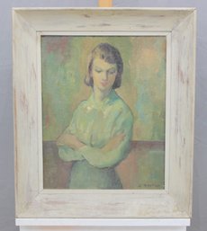 Signed Oil On Artist Board Portrait Of Young Woman, Mid-20th Century, Framed