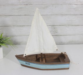 Vintage Wooden Sailboat Model Nautical Decor 1820 Boat W/ Fabric Sail 13' X 12'