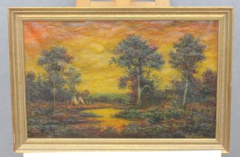 Signed Oil On Canvas Woodland Landscape At Sunset, Framed