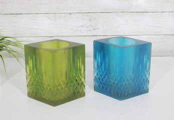 Signed Sascha Brastoff MCM Resin Candle Holders  Aqua Blue & Green Diamond Pattern 5.75' (Pair)