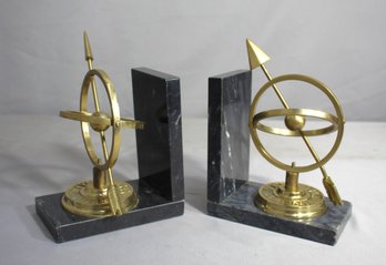 Vintage Marble Bookends With Armillary Sphere Globe Sundial With Arrow & Roman Numerals