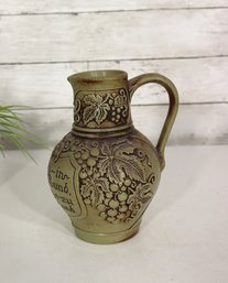 Antique German Relief Pottery Wine Pitcher Jug  7.5 Tall