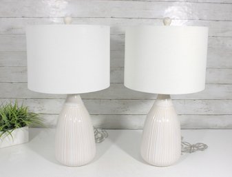 Pair White Ceramic Ribbed Table Lamps W/ Drum Shades  Modern / Coastal Style  23'