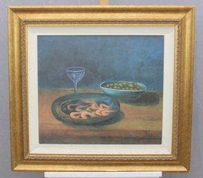 Signed Oil On Canvas Still Life With Shrimp And Wine Glass, Large Framed Composition