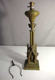 Antique Gothic Revival Brass Table Lamp With Architectural Detailing